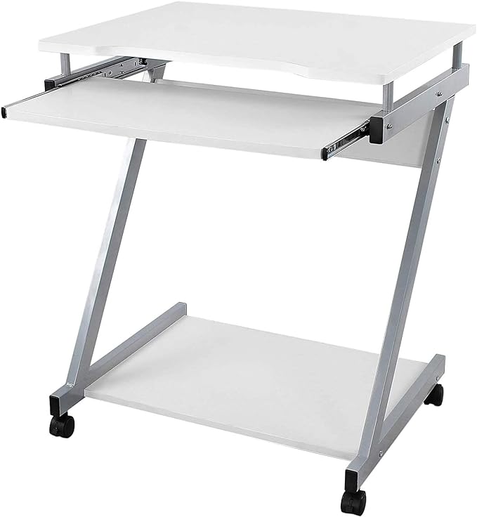 computer table with 4 castors, 2 of them with brakes, PC table easy-to-use keyboard pull-out, easy assembly, space-saving Z-shaped PC table, white