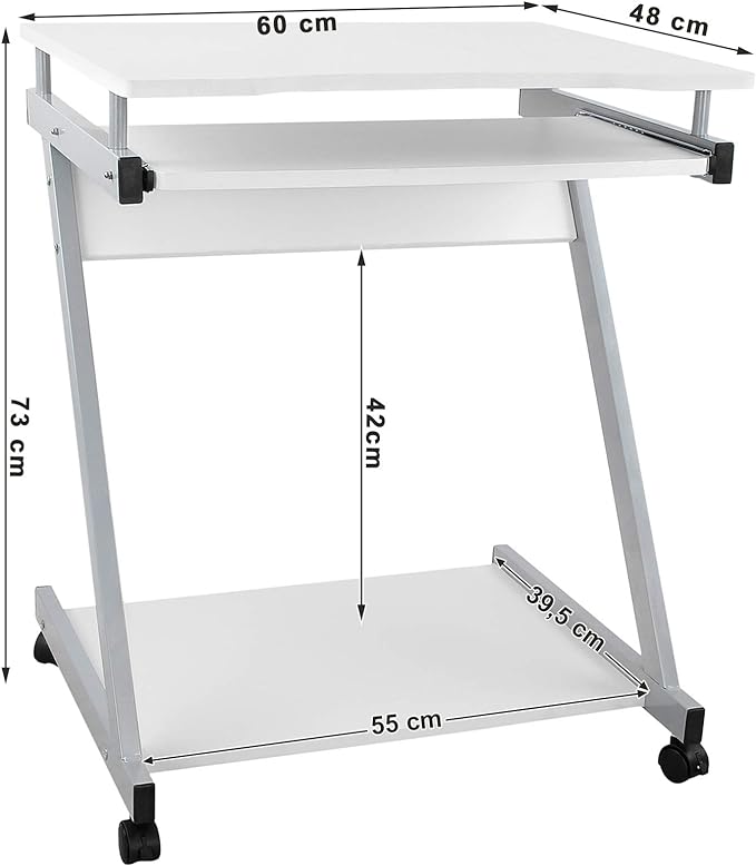 computer table with 4 castors, 2 of them with brakes, PC table easy-to-use keyboard pull-out, easy assembly, space-saving Z-shaped PC table, white