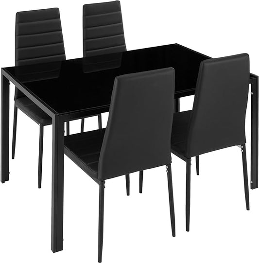 Dining Room Set with 4 Chairs, Table with Glass Top, Dining Set for 4 People, Set of 4 Dining Room Chairs with Dining Table, for Living Room, Kitchen, Office, Black