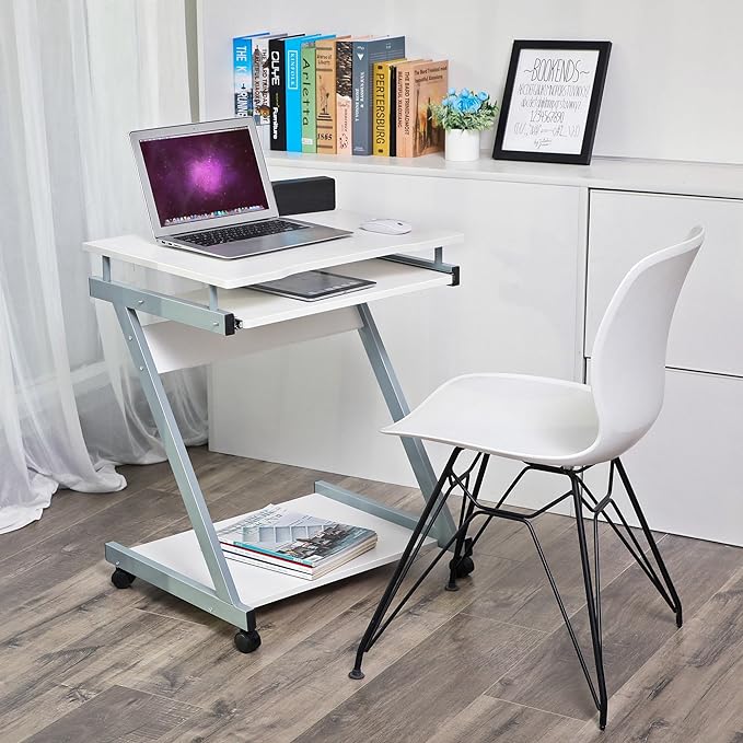 computer table with 4 castors, 2 of them with brakes, PC table easy-to-use keyboard pull-out, easy assembly, space-saving Z-shaped PC table, white