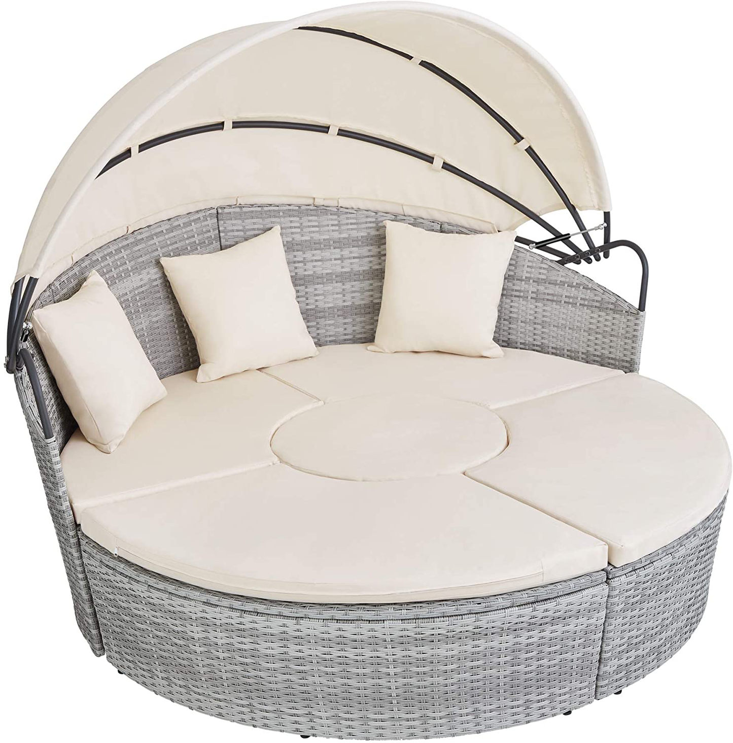 800764 High-Quality XXL Aluminium Polyrattan Sun Island with Hinged Sun Canopy, Sun Lounger Including Pillows and Cushions, 180 x 161 x 138 cm, Various Colours