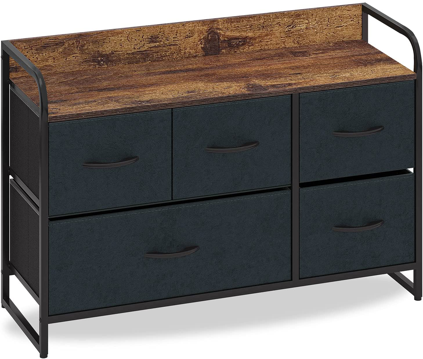 Chest of Drawers with 5 Drawers Suede Fabric Cabinet Low Sideboard Vintage Highboard Metal Cabinets Organiser TV Cabinet Small Kitchen Bedroom Office Living Room Black + Grey Wood + Steel