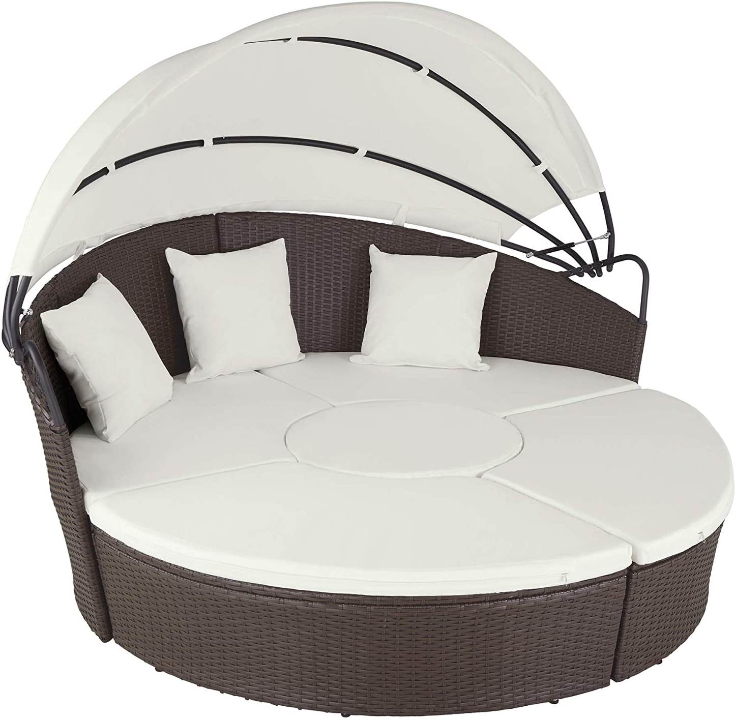 800764 High-Quality XXL Aluminium Polyrattan Sun Island with Hinged Sun Canopy, Sun Lounger Including Pillows and Cushions, 180 x 161 x 138 cm, Various Colours