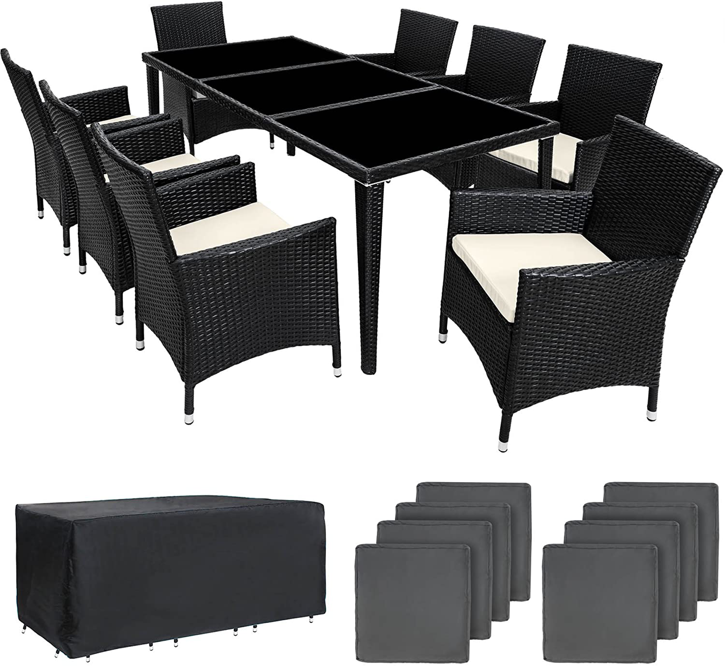  Aluminium Poly Rattan Dining Set, 8 Chairs + 1 Dining Table with Glass Tops, Includes 2 Cover Sets and Protective Cover, Various Colours