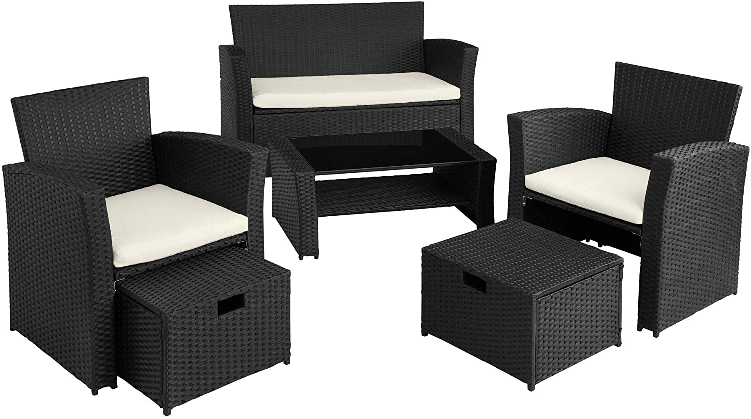 Poly-rattan Garden / Balcony / Patio Set for 4 People with Stool, Storage Compartment Under Sofa Seat, Table with Shelf, 800719 incl. Cushions 