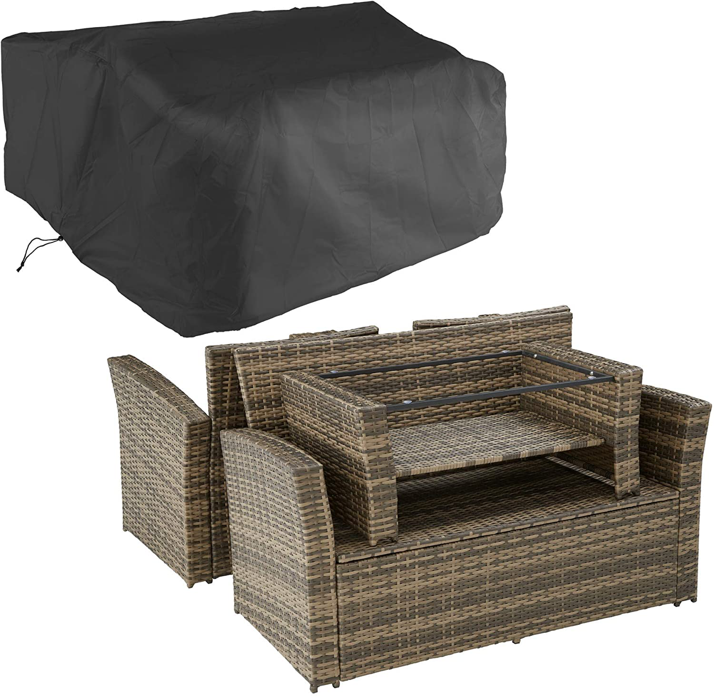 Poly-rattan Garden / Balcony / Patio Set for 4 People with Stool, Storage Compartment Under Sofa Seat, Table with Shelf, 800719 incl. Cushions 