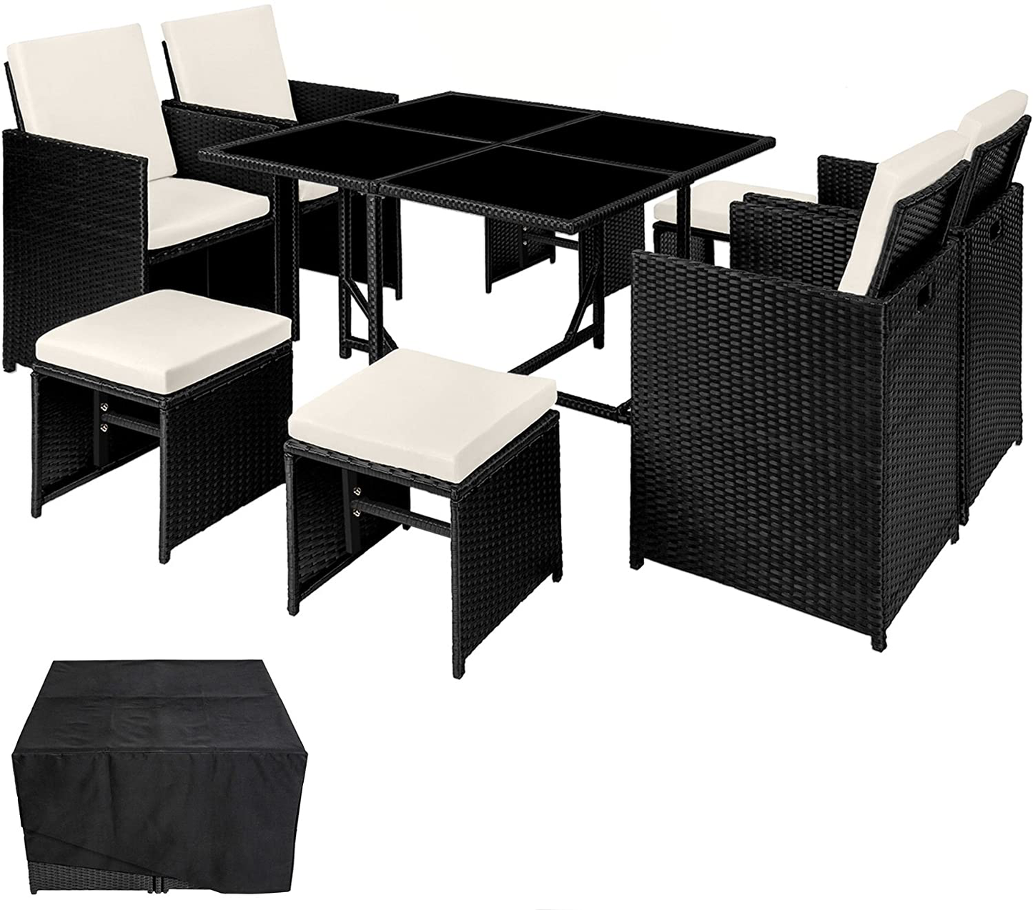 Poly Rattan Cube Set Including Protective Cover and Stainless Steel Screws 4 Chairs 1 Table 4 Stools Various Colours 