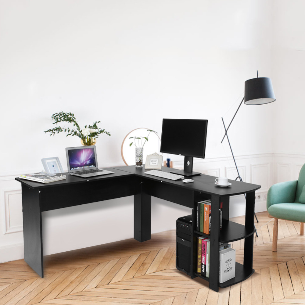 Utility Wooden Office Computer Writing Desk Home Gaming PC Furnitur L-Shape Corner Study Computer Table With Book Shelf