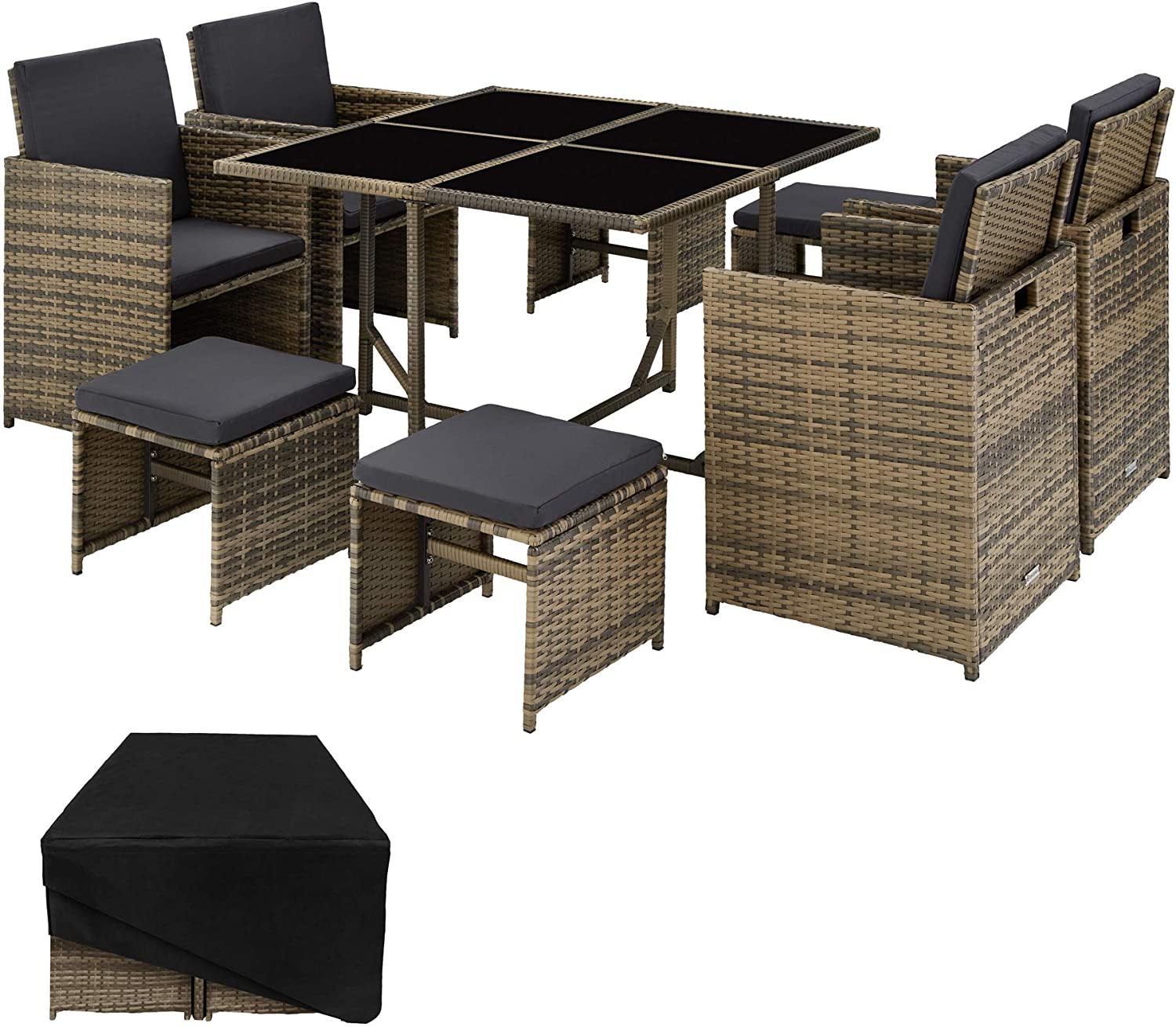 Poly Rattan Cube Set Including Protective Cover and Stainless Steel Screws 4 Chairs 1 Table 4 Stools Various Colours 