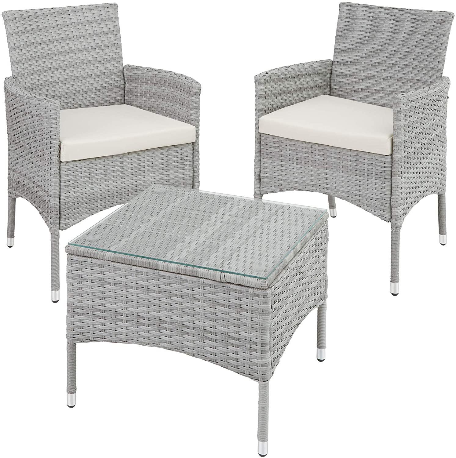 Polyrattan garden set, 2 chairs and small table with glass top, robust steel frame, various colours (gray)