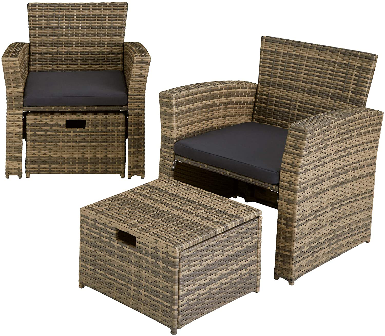 Poly-rattan Garden / Balcony / Patio Set for 4 People with Stool, Storage Compartment Under Sofa Seat, Table with Shelf, 800719 incl. Cushions 