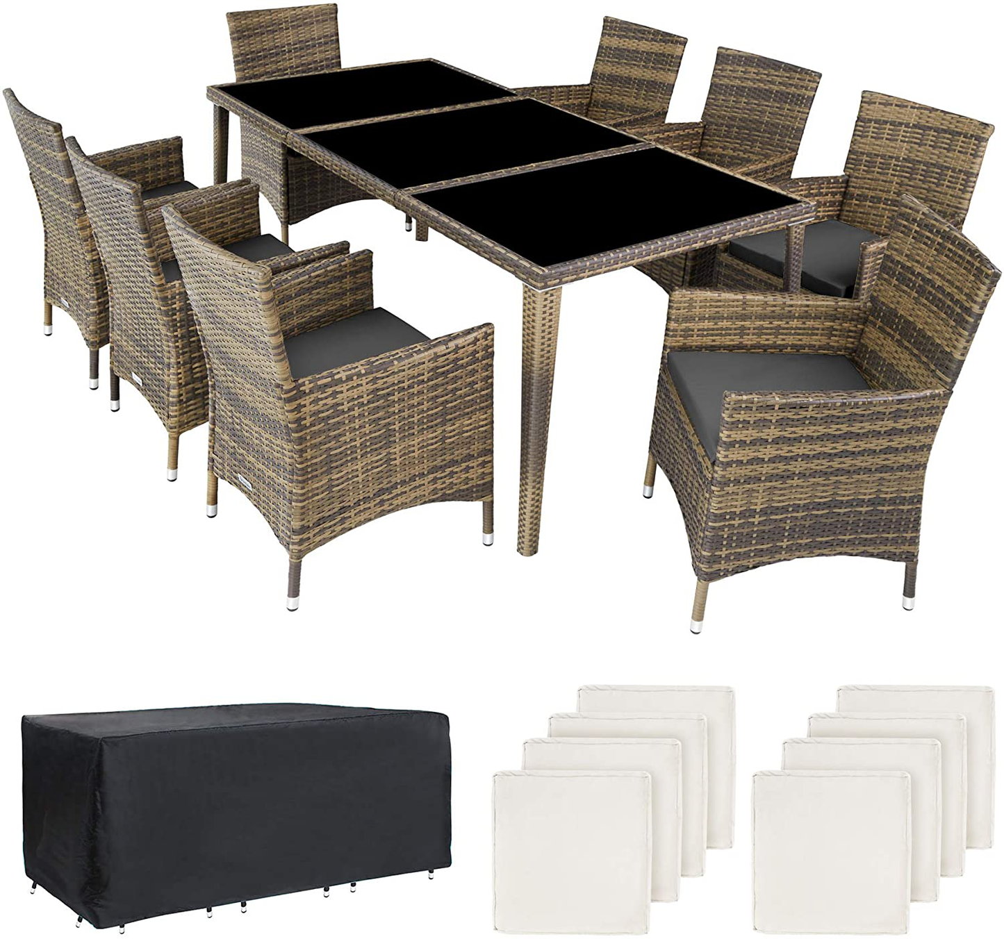  Aluminium Poly Rattan Dining Set, 8 Chairs + 1 Dining Table with Glass Tops, Includes 2 Cover Sets and Protective Cover, Various Colours