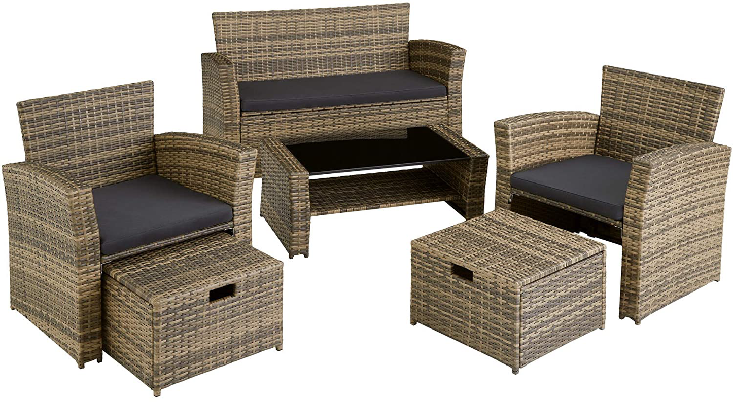 Poly-rattan Garden / Balcony / Patio Set for 4 People with Stool, Storage Compartment Under Sofa Seat, Table with Shelf, 800719 incl. Cushions 