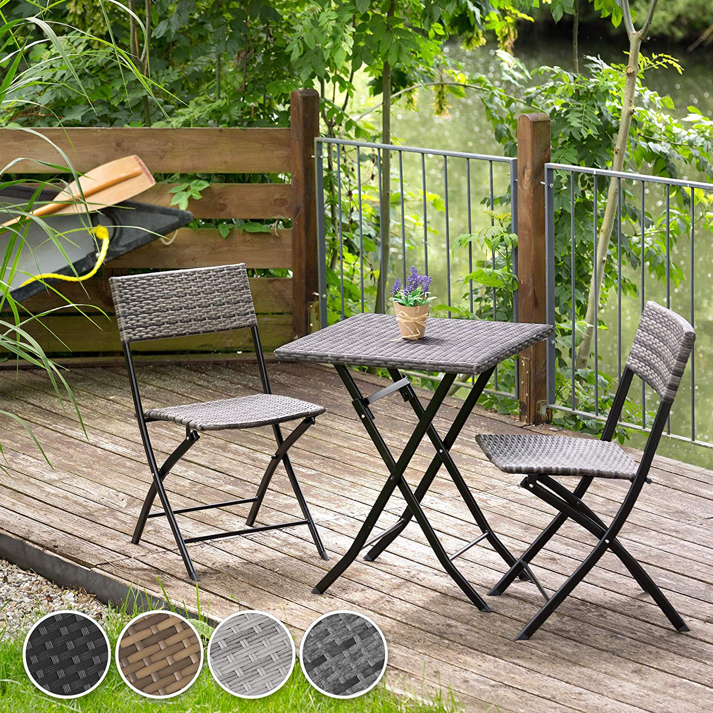 Polyrattan Bistro Set 3-Piece for Garden, Balcony, Patio, Foldable Space-Saving with UV Protection - Various Colours - (Light Grey | No. 403714)