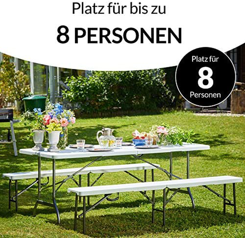 Beer tent set, foldable, 2 beer benches, 1 beer table, plastic handle, white, marquee set, camping garden furniture