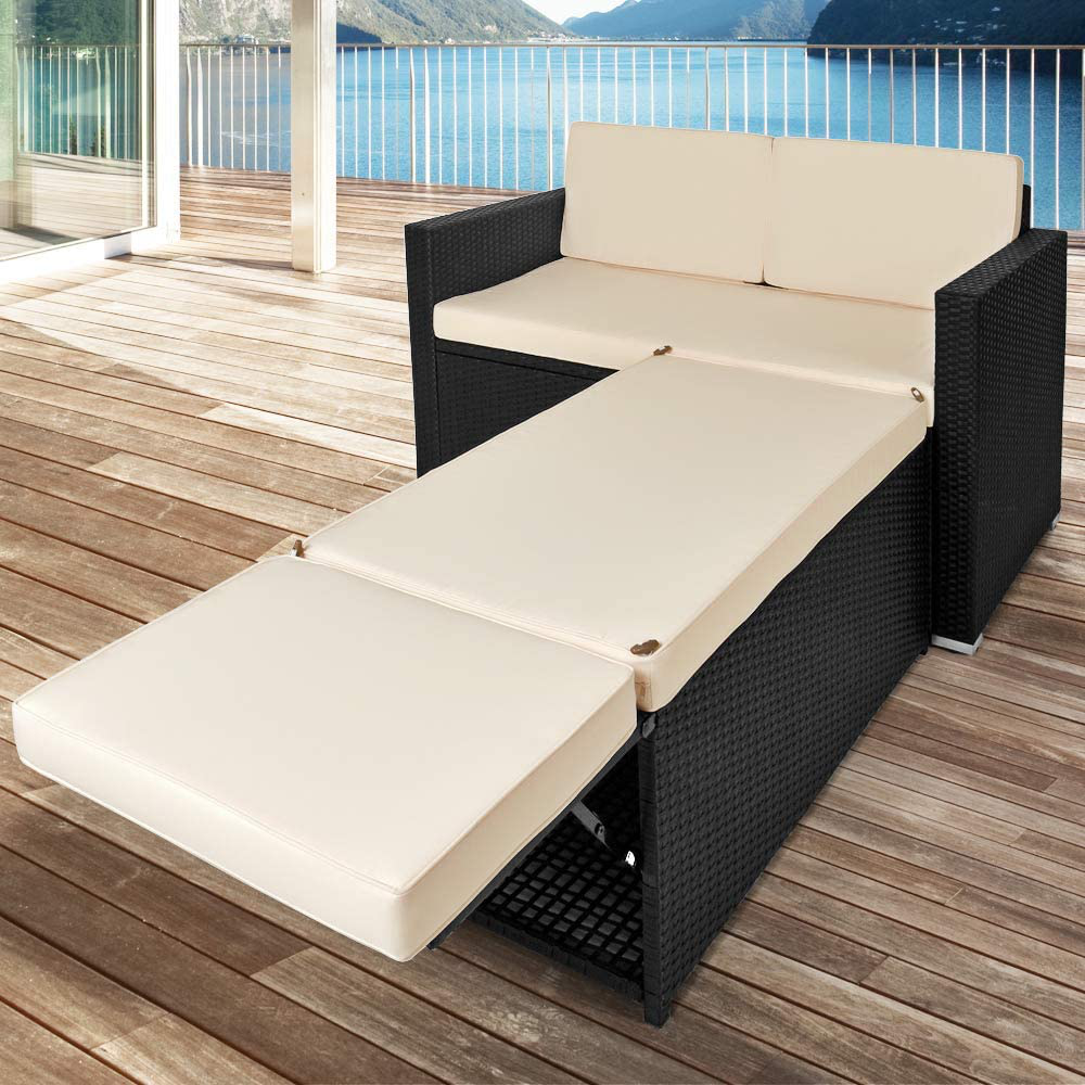 Polyrattan two seater sofa incl. Ottoman with storage space sun lounger rattan lounge