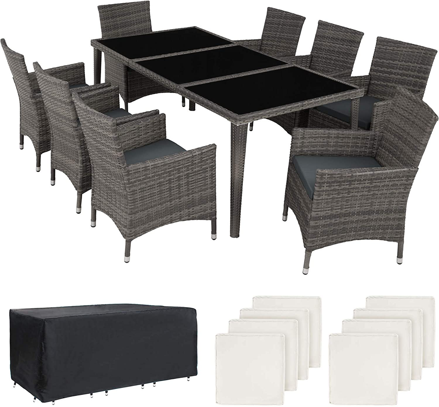  Aluminium Poly Rattan Dining Set, 8 Chairs + 1 Dining Table with Glass Tops, Includes 2 Cover Sets and Protective Cover, Various Colours