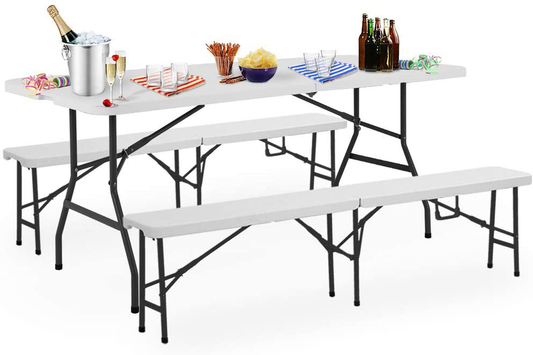 Beer tent set, foldable, 2 beer benches, 1 beer table, plastic handle, white, marquee set, camping garden furniture