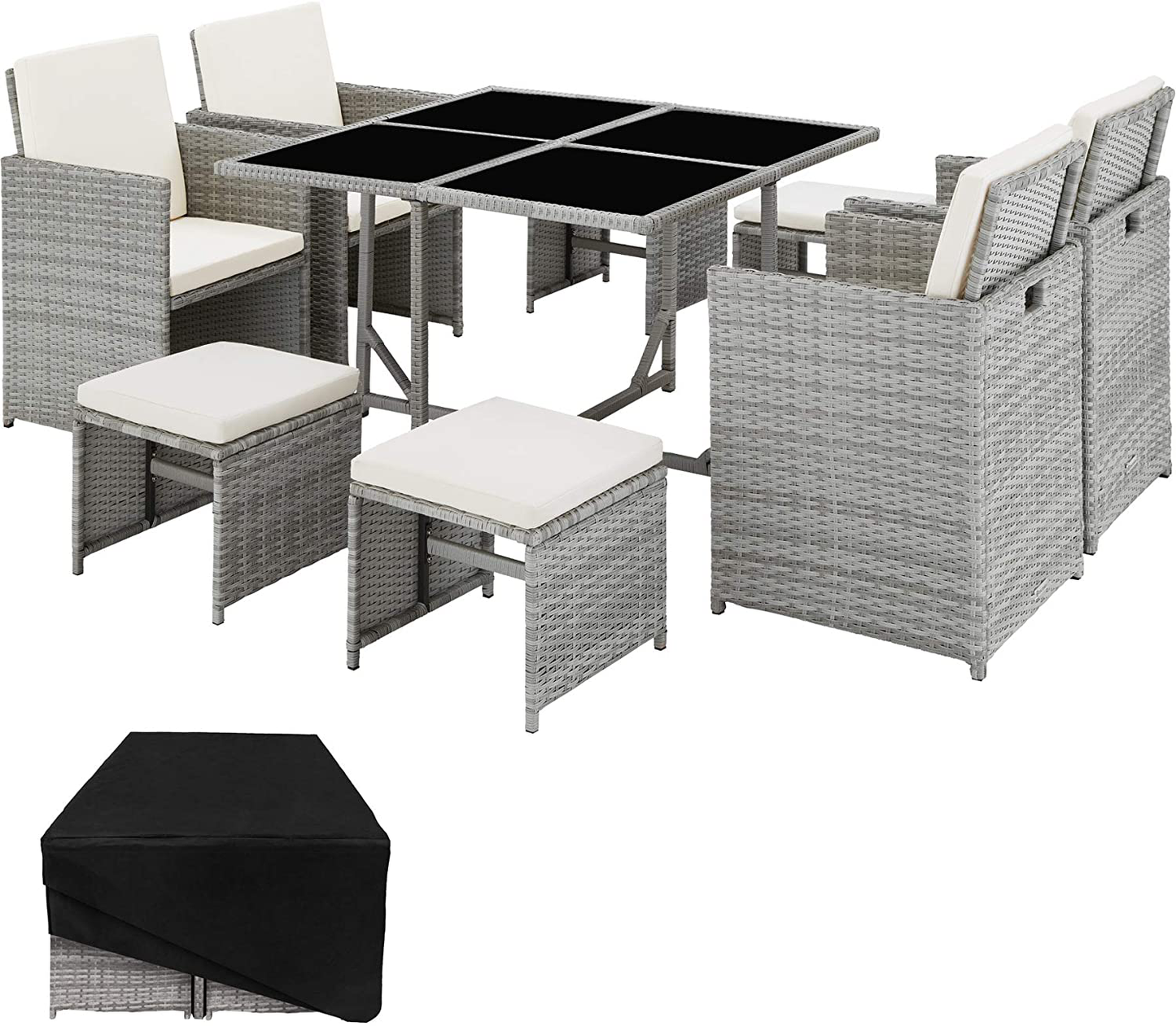 Poly Rattan Cube Set Including Protective Cover and Stainless Steel Screws 4 Chairs 1 Table 4 Stools Various Colours 