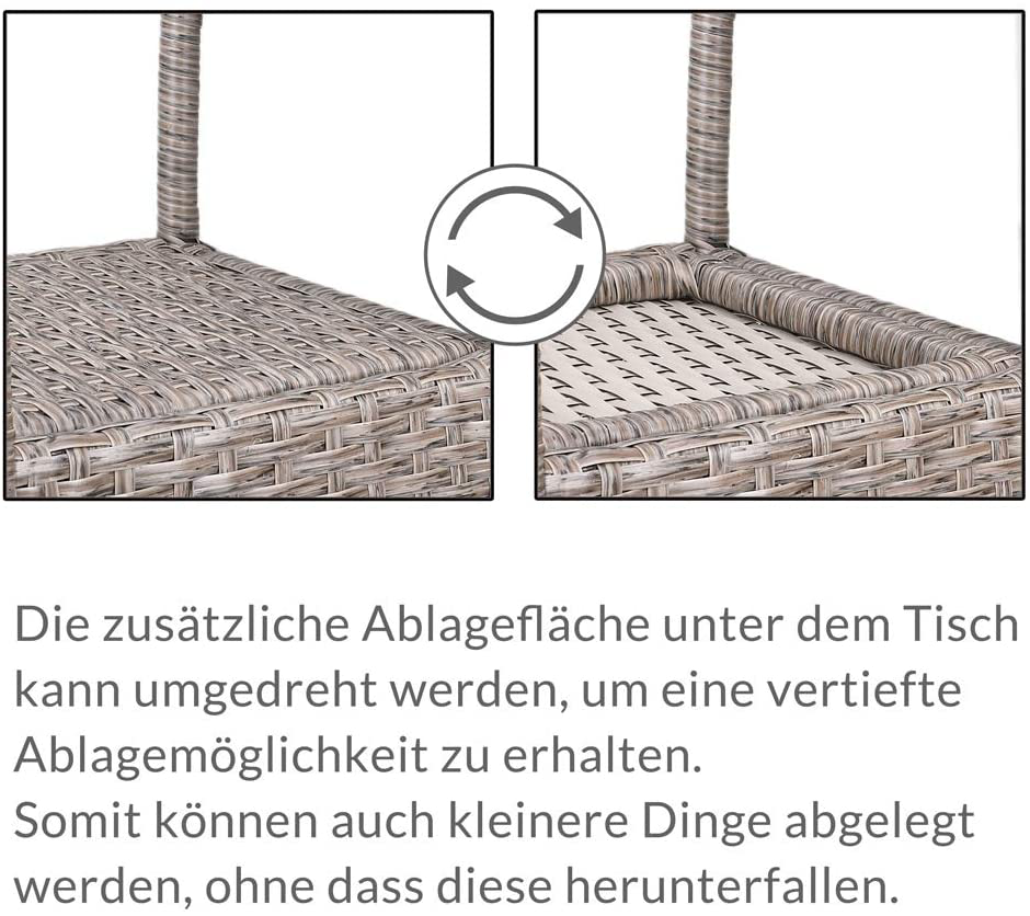 Polyrattan Side Table / Garden Table with Frosted Glass Table Top - 60-80 cm - Choice of Colours, Ø60cm, Grey / Beige