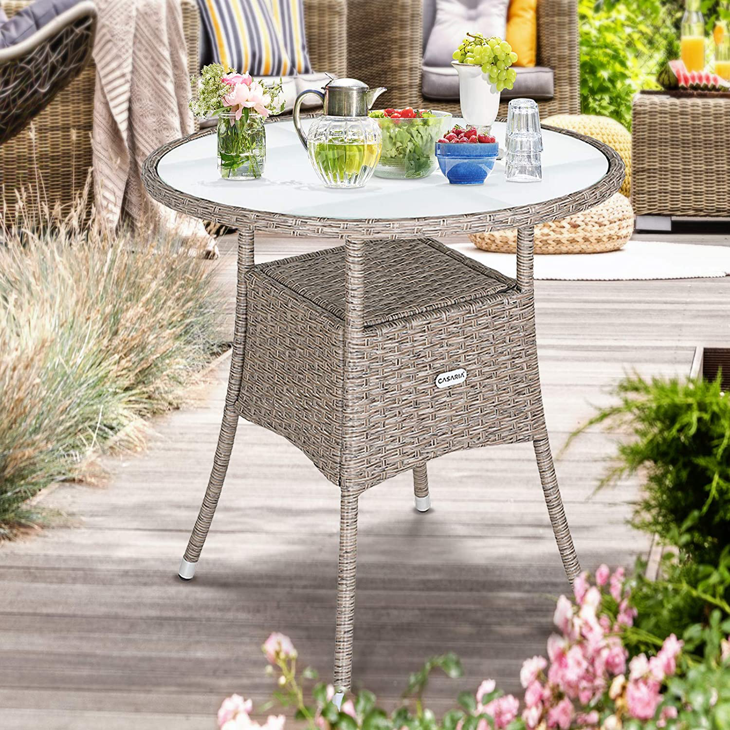 Polyrattan Side Table / Garden Table with Frosted Glass Table Top - 60-80 cm - Choice of Colours, Ø60cm, Grey / Beige