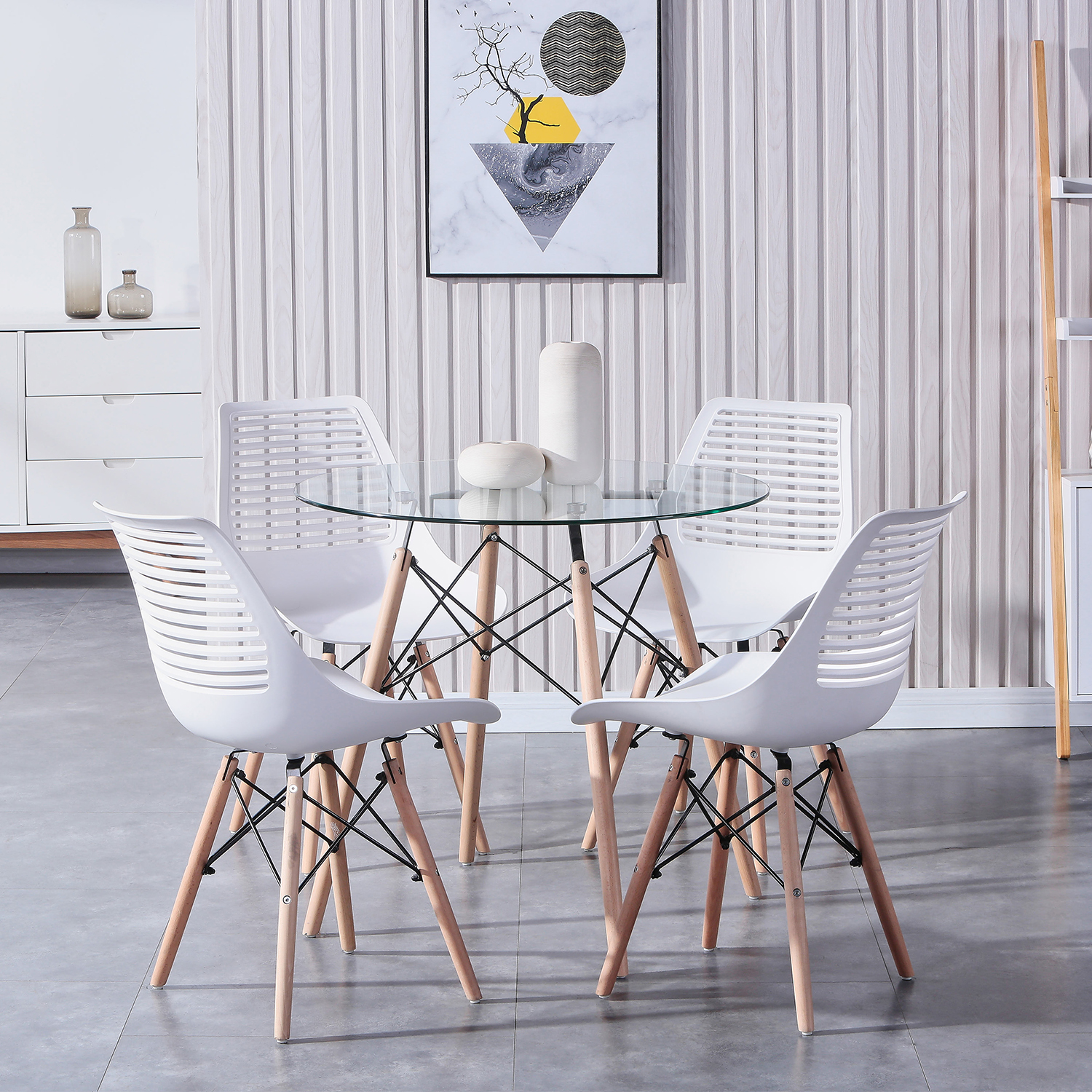 Set of 4 Modern Dining Chairs Set Geometric Hollow Chair Fashion Thick Plastic Chairs For Dining Room Kitchen Living Room WHite