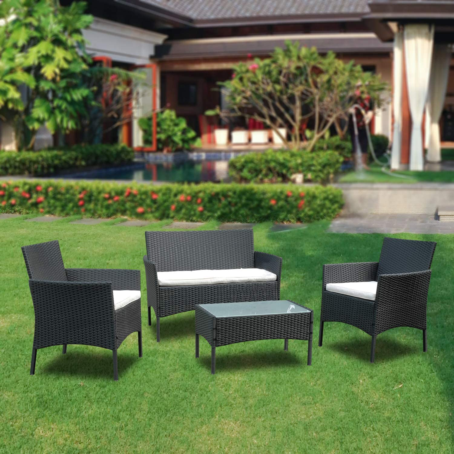 Garden Lounge Set, Balcony Furniture Set for 4 People, 7 Pieces, with Table, Seat Cushion, Washable, Plastic, Flat Rattan Look, for Balcony or Patio