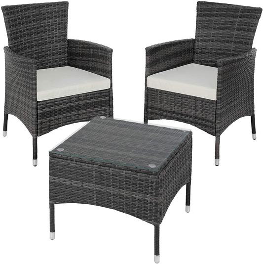 Polyrattan garden set, 2 chairs and small table with glass top, robust steel frame, various colours (gray)