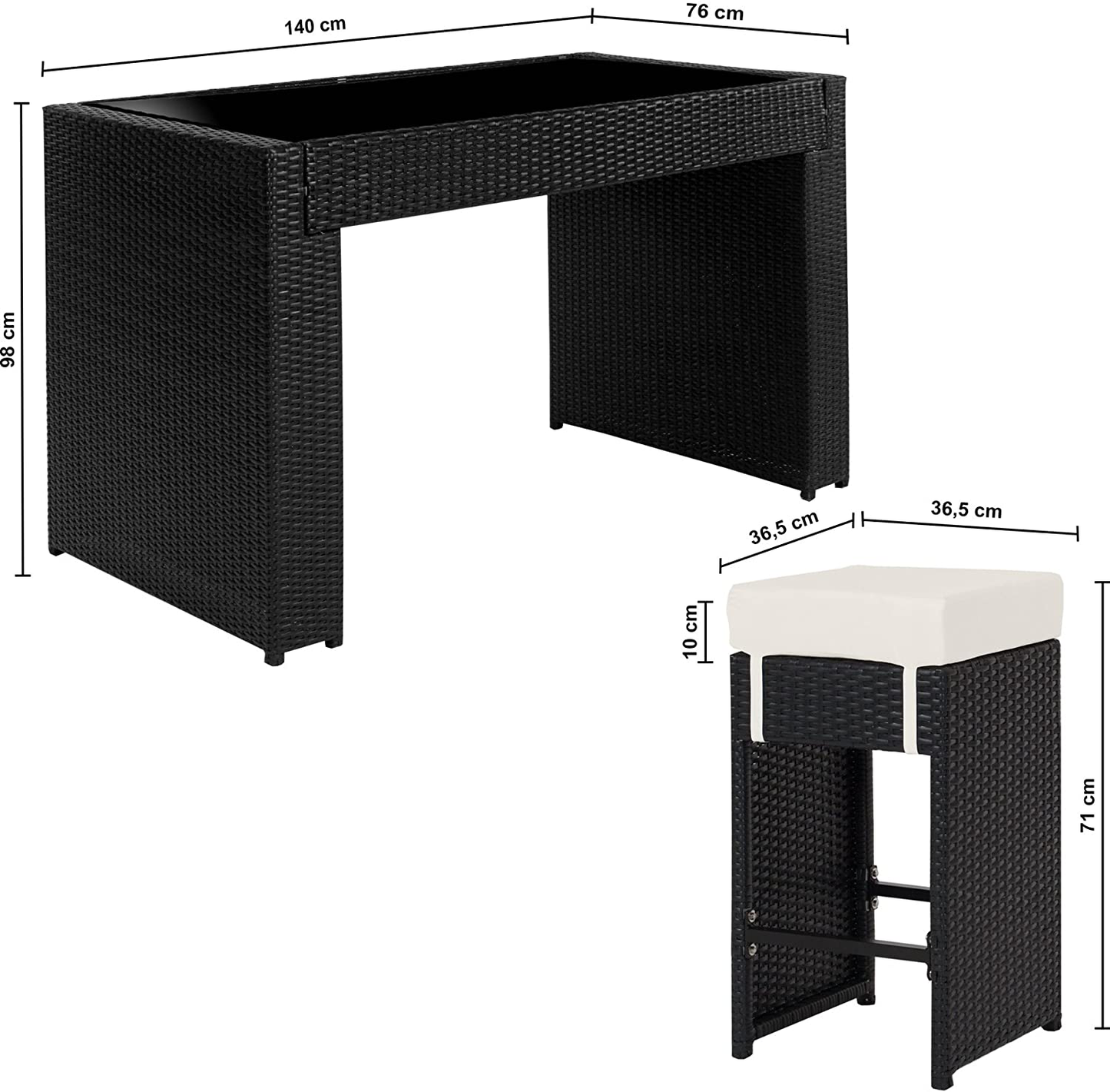 POLY Rattan Aluminum Bar Set with 6 Bar Stools and 2 Sets Plus Protective Case Cover/Stainless Steel Screws – Various Colours