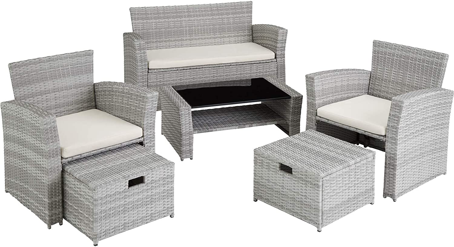 Poly-rattan Garden / Balcony / Patio Set for 4 People with Stool, Storage Compartment Under Sofa Seat, Table with Shelf, 800719 incl. Cushions 