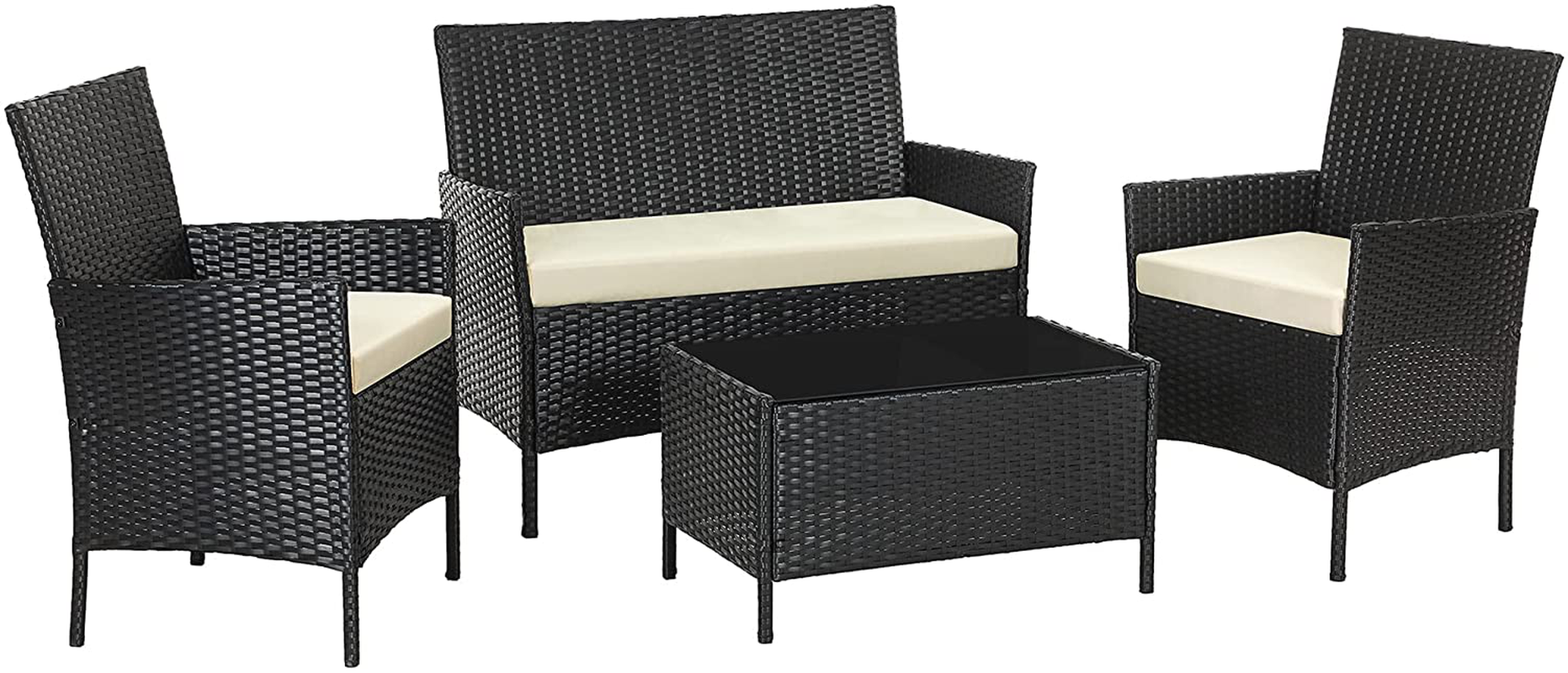 Garden Lounge Set, Balcony Furniture Set for 4 People, 7 Pieces, with Table, Seat Cushion, Washable, Plastic, Flat Rattan Look, for Balcony or Patio