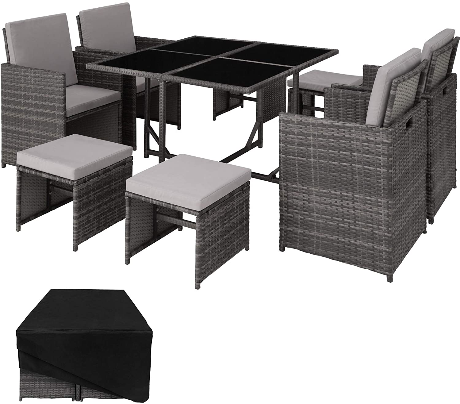 Poly Rattan Cube Set Including Protective Cover and Stainless Steel Screws 4 Chairs 1 Table 4 Stools Various Colours 