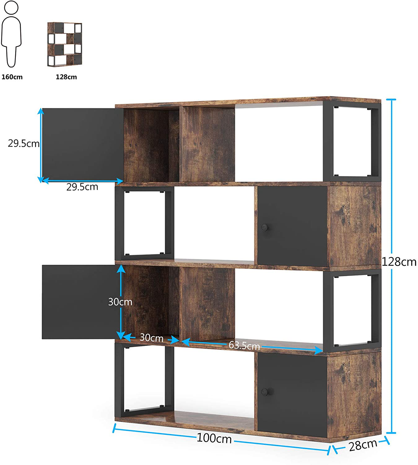 Bookcase, Standing Shelf with 4 Open Compartments, Vintage Bookcase for Living Room, Industrial Storage Shelf with Cabinet