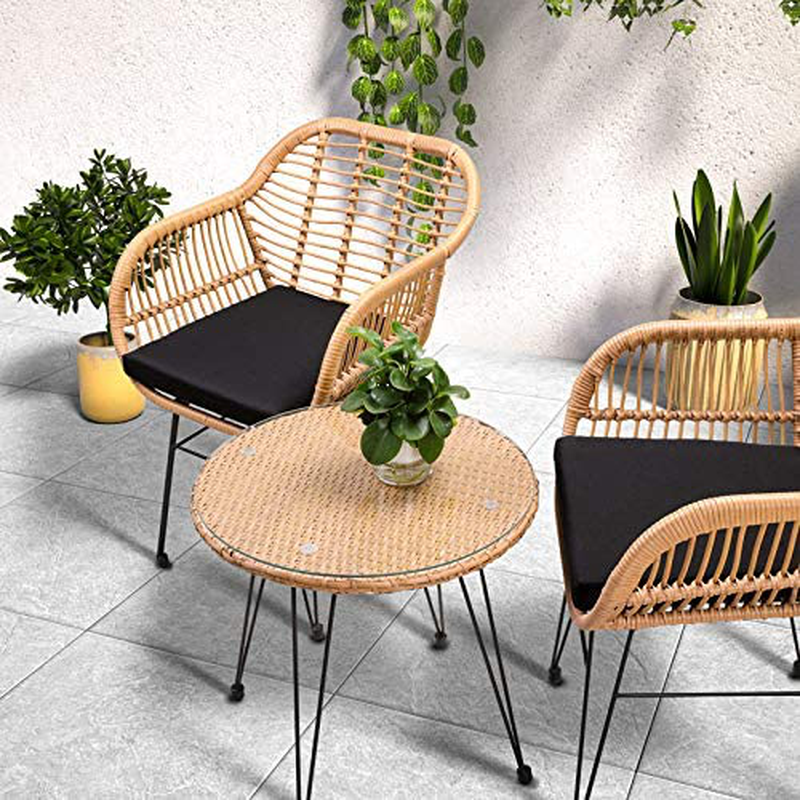 3-Piece. Balcony Set Side Table 2 Lounge Chairs Indoor Outdoor Weatherproof Natural Poly Rattan Look Garden Balcony Set