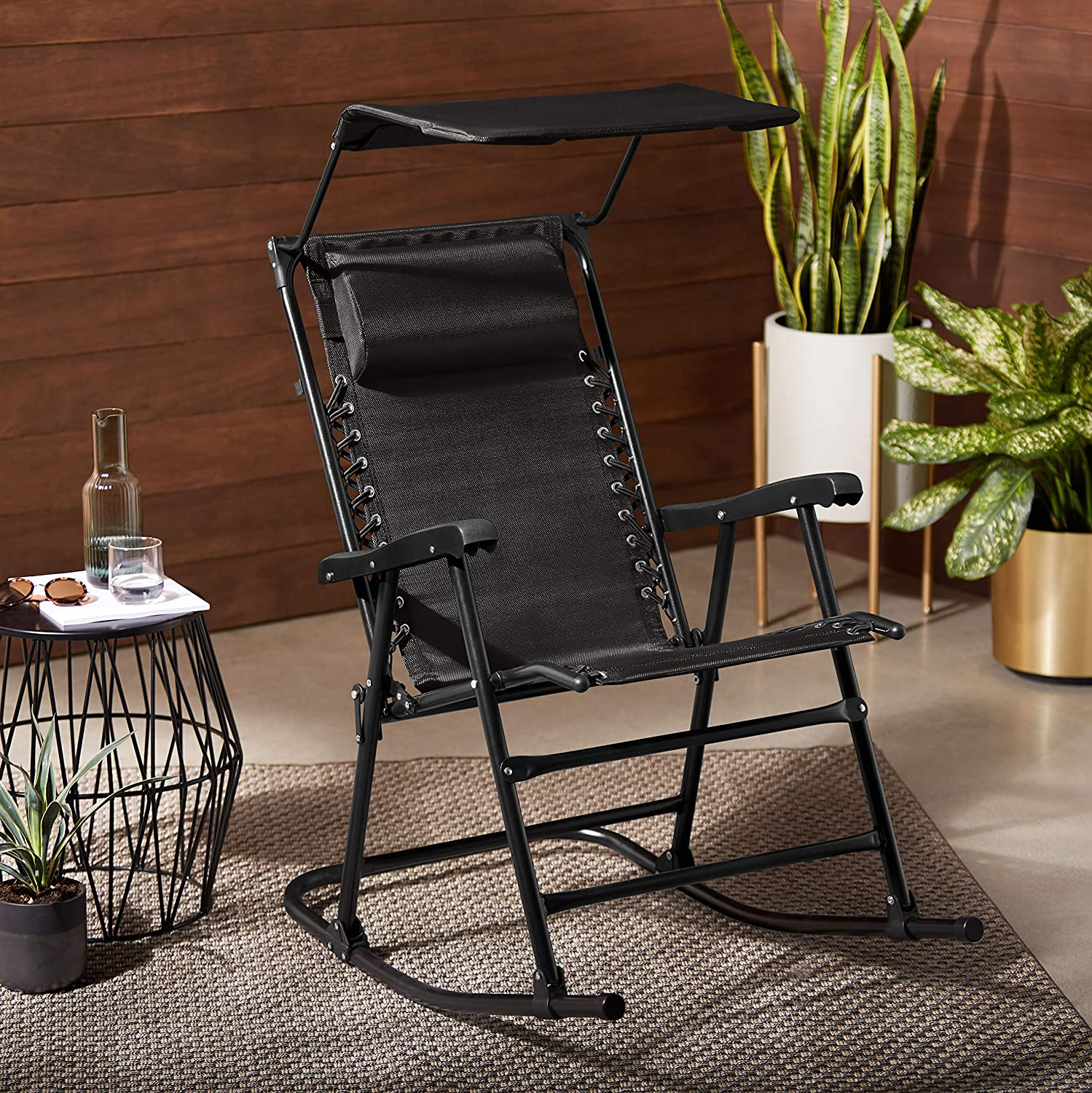 Foldable rocking chair with sun protection - black