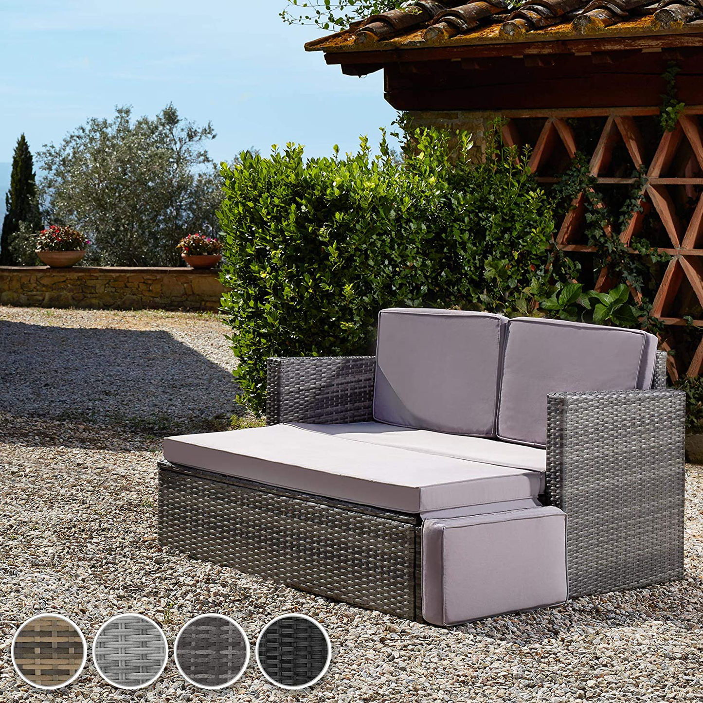 Poly Rattan Lounge Set, 2-Seater Sofa with Backrest, Large Stool with Folding Support, Incl. Thick Cushions, Garden Furniture Set for Garden and Terrace