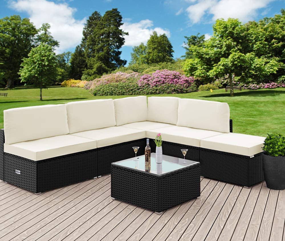 Poly Rattan XL Lounge Set with Thick Cushions and Pillows Garden Lounge Garden Furniture Set, Black & Cream