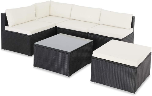 Poly Rattan XL Lounge Set with Thick Cushions and Pillows Garden Lounge Garden Furniture Set, Black & Cream