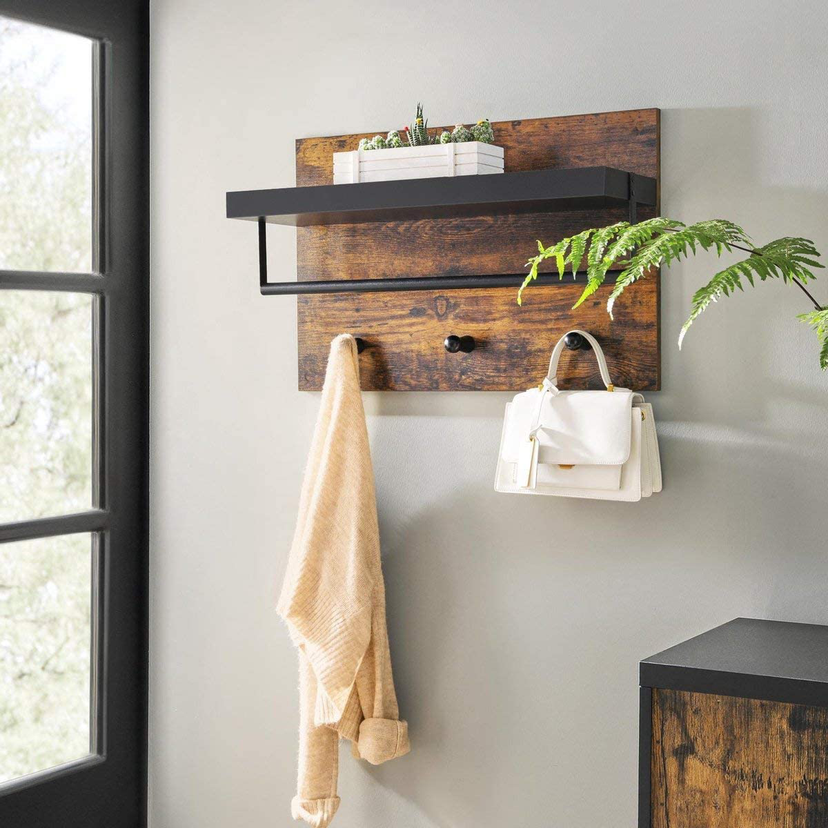 Wall Coat Rack in Industrial Design, Vintage with 3 Hooks, Bar and Shelf 40 x 60 x 21.5 cm, Wood/Black