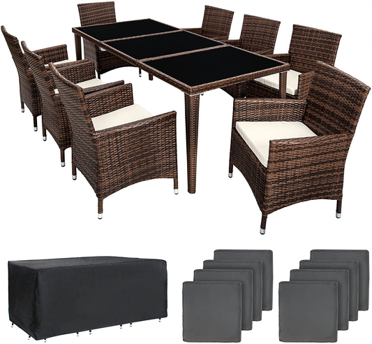  Aluminium Poly Rattan Dining Set, 8 Chairs + 1 Dining Table with Glass Tops, Includes 2 Cover Sets and Protective Cover, Various Colours