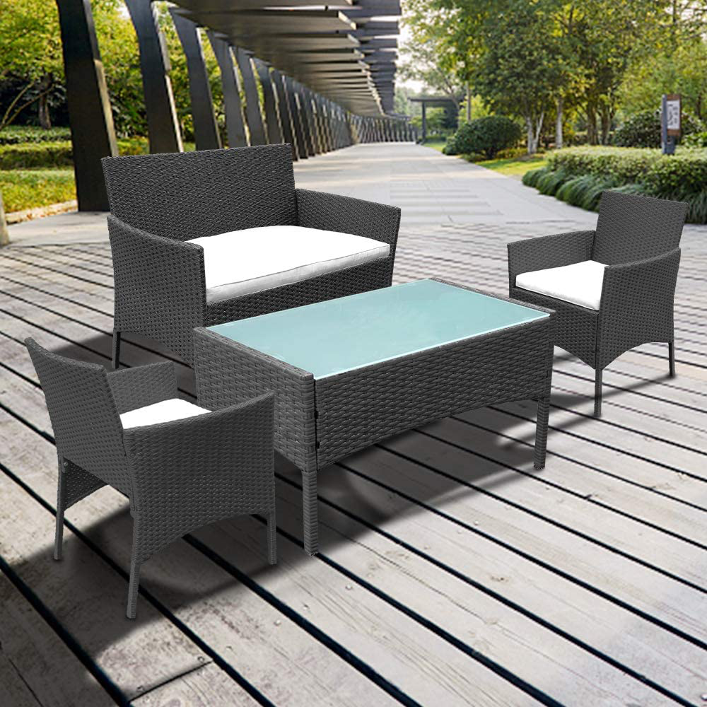 Garden Lounge Set, Balcony Furniture Set for 4 People, 7 Pieces, with Table, Seat Cushion, Washable, Plastic, Flat Rattan Look, for Balcony or Patio