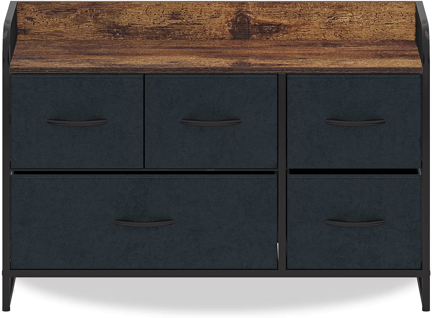 Chest of Drawers with 5 Drawers Suede Fabric Cabinet Low Sideboard Vintage Highboard Metal Cabinets Organiser TV Cabinet Small Kitchen Bedroom Office Living Room Black + Grey Wood + Steel