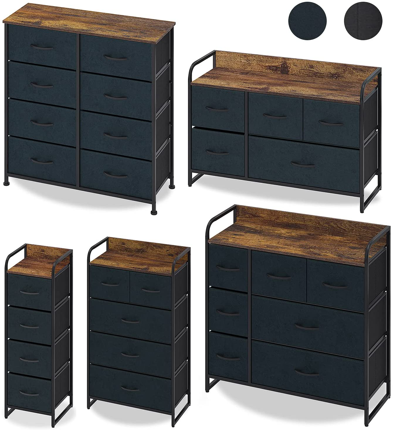 Chest of Drawers with 5 Drawers Suede Fabric Cabinet Low Sideboard Vintage Highboard Metal Cabinets Organiser TV Cabinet Small Kitchen Bedroom Office Living Room Black + Grey Wood + Steel