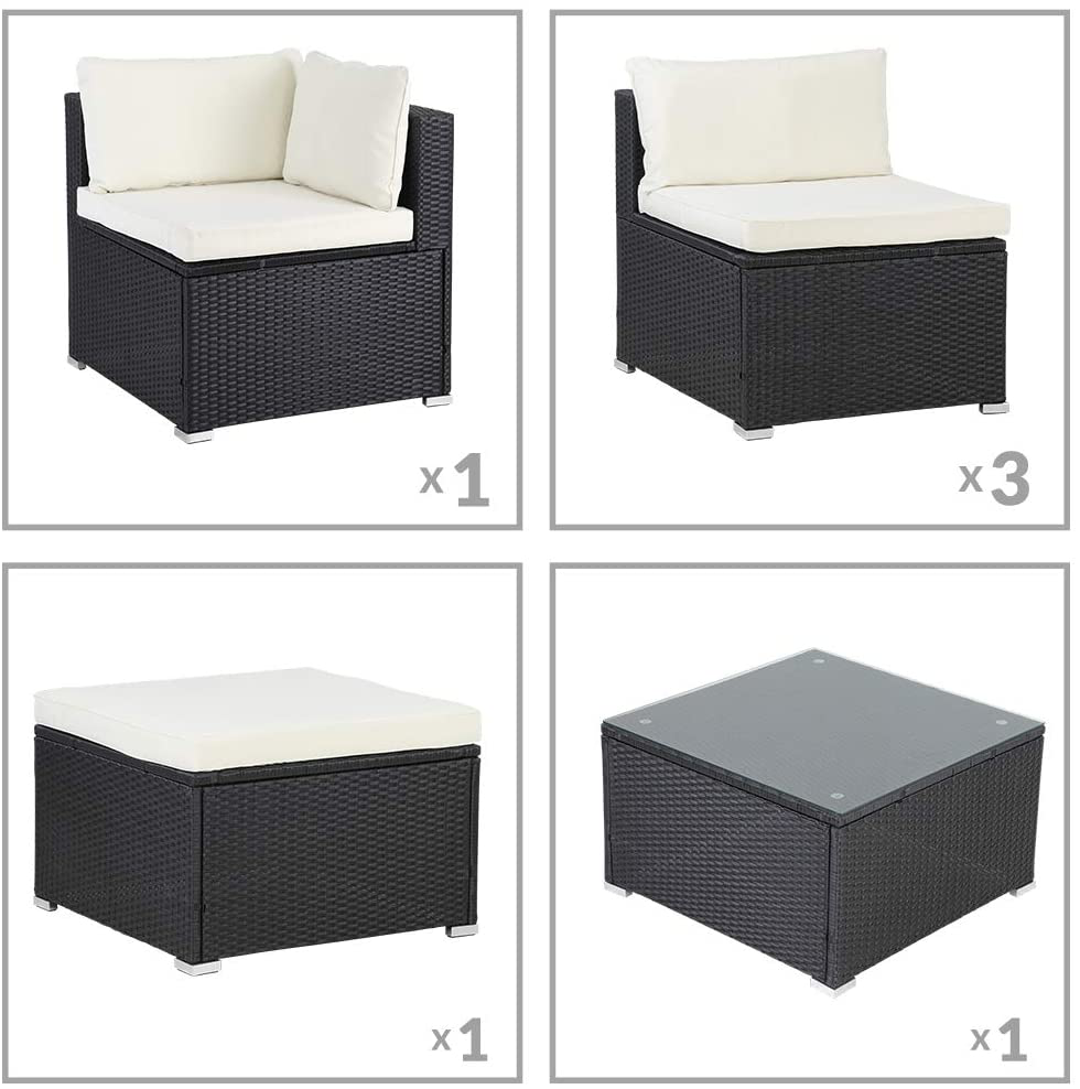 Poly Rattan XL Lounge Set with Thick Cushions and Pillows Garden Lounge Garden Furniture Set, Black & Cream