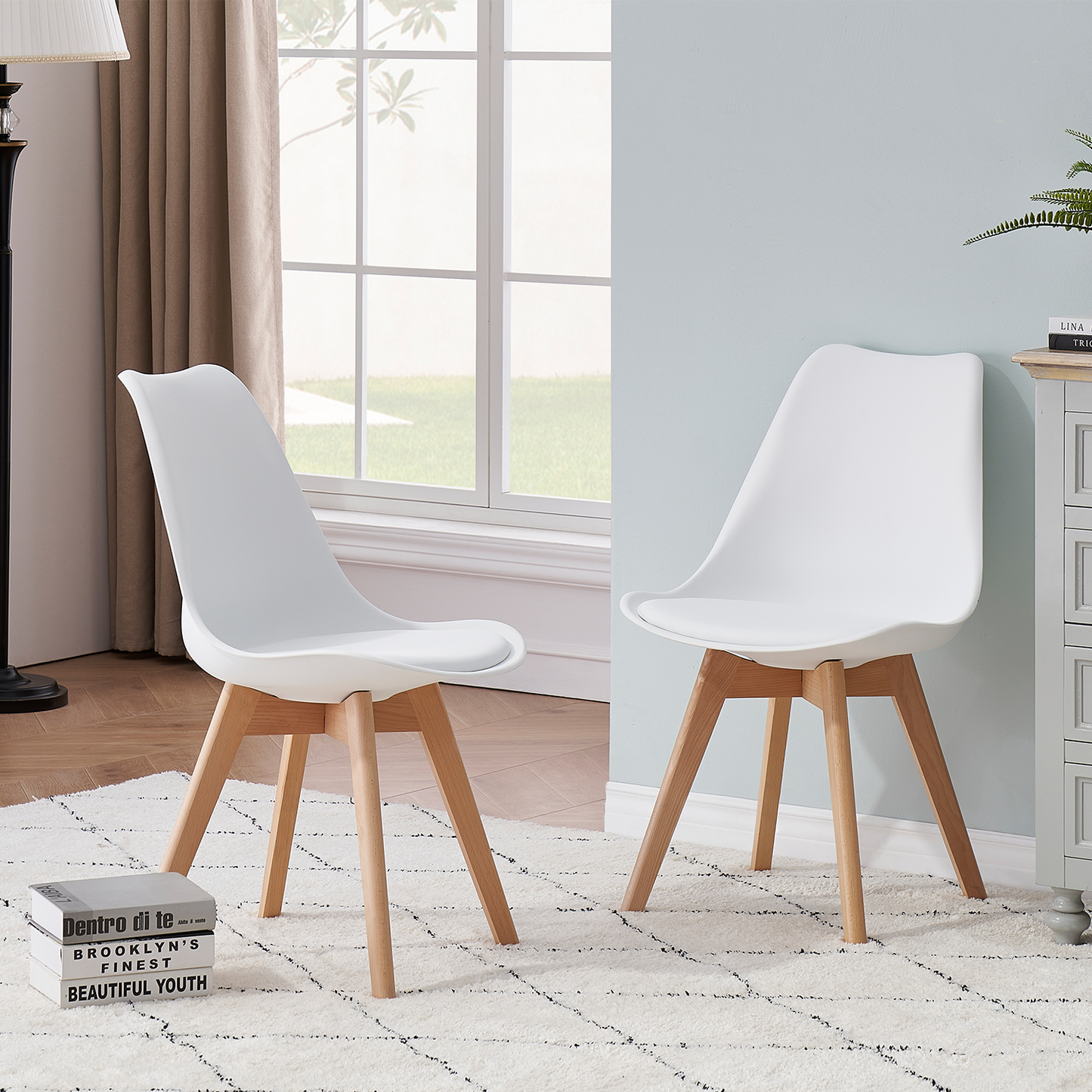 A Set Of 8 Nordic Medieval Retro Style Dining Chairs, Solid Wood Feet, Beech Wood, Suitable For Kitchen, Dinings Room White/Grey