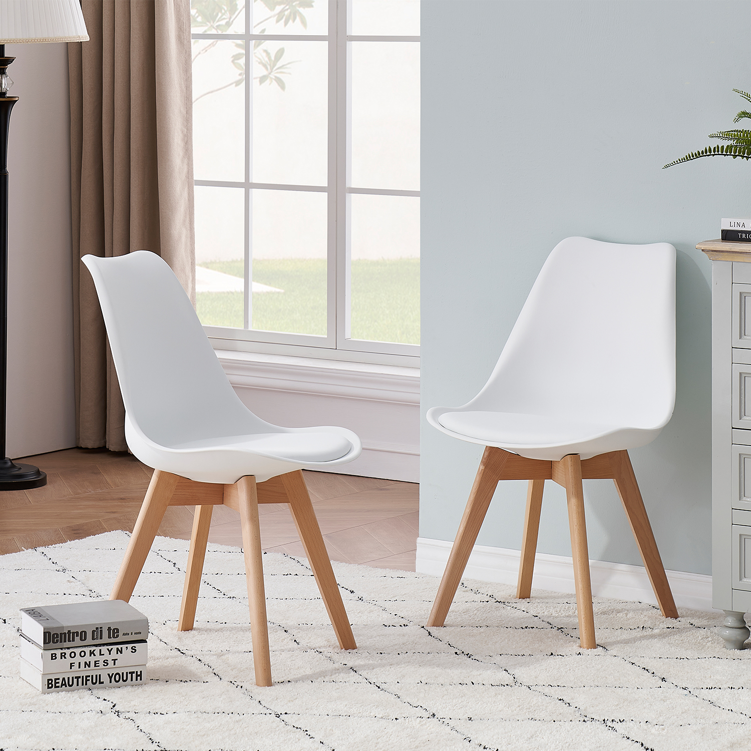 A Set Of 8 Nordic Medieval Retro Style Dining Chairs, Solid Wood Feet, Beech Wood, Suitable For Kitchen, Dinings Room White/Grey