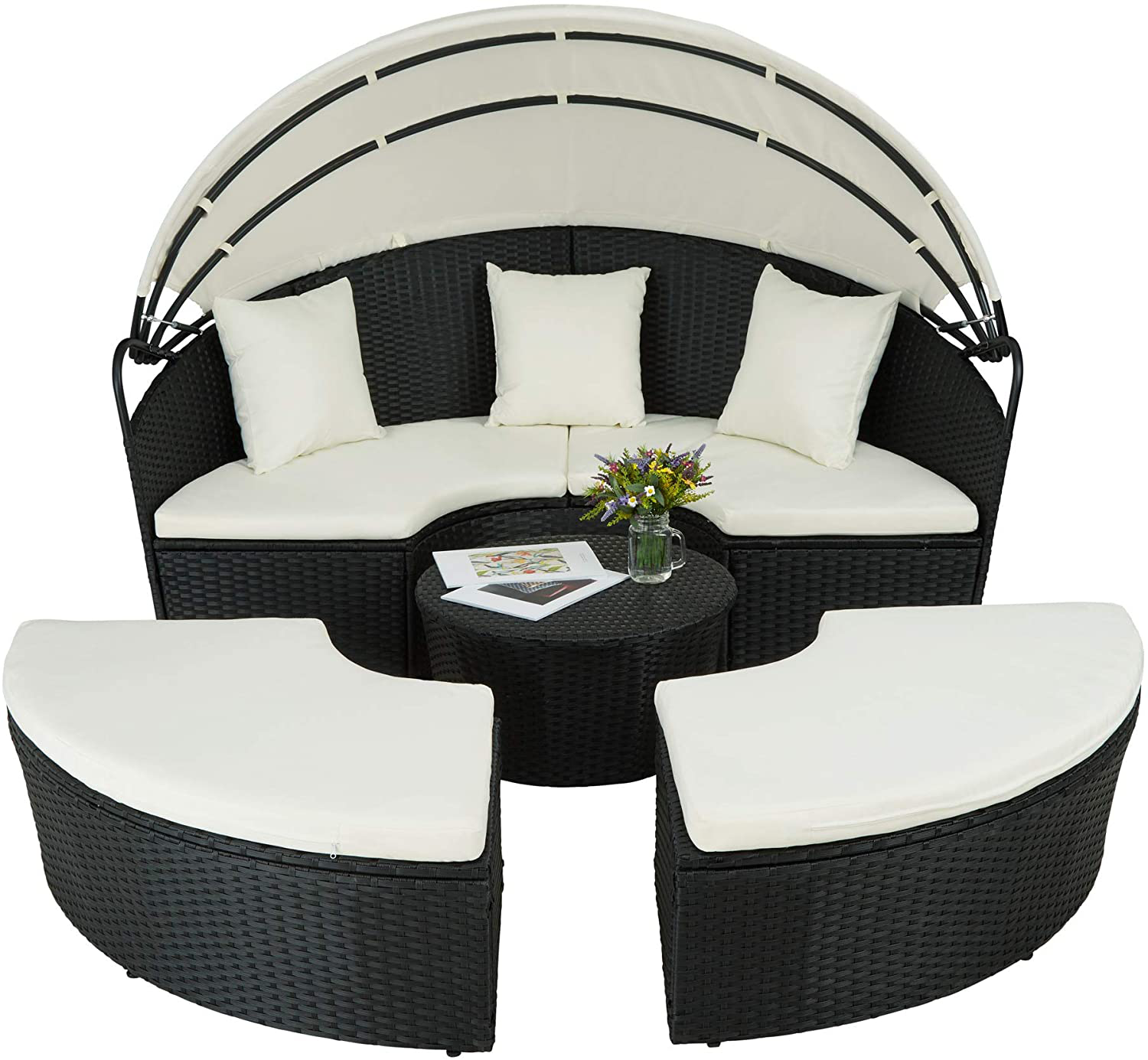 800764 High-Quality XXL Aluminium Polyrattan Sun Island with Hinged Sun Canopy, Sun Lounger Including Pillows and Cushions, 180 x 161 x 138 cm, Various Colours