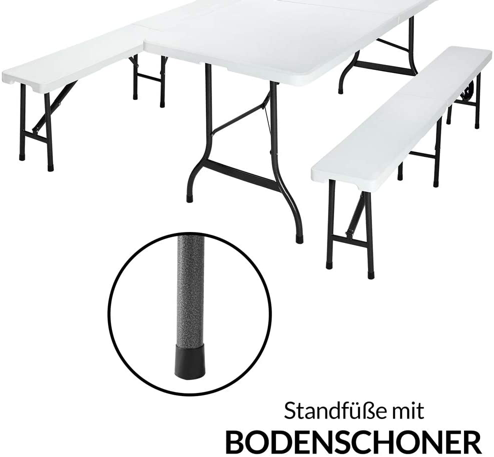 Beer tent set, foldable, 2 beer benches, 1 beer table, plastic handle, white, marquee set, camping garden furniture