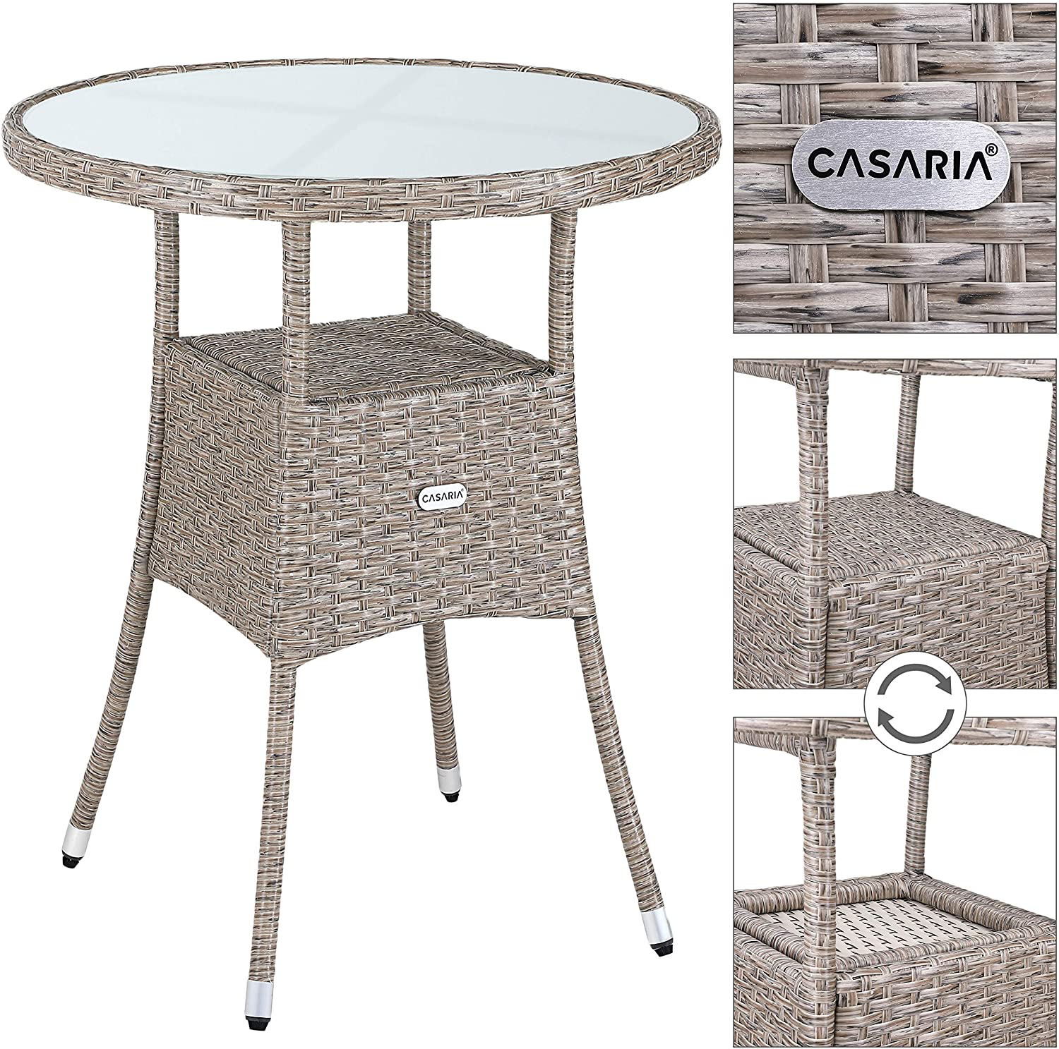 Polyrattan Side Table / Garden Table with Frosted Glass Table Top - 60-80 cm - Choice of Colours, Ø60cm, Grey / Beige