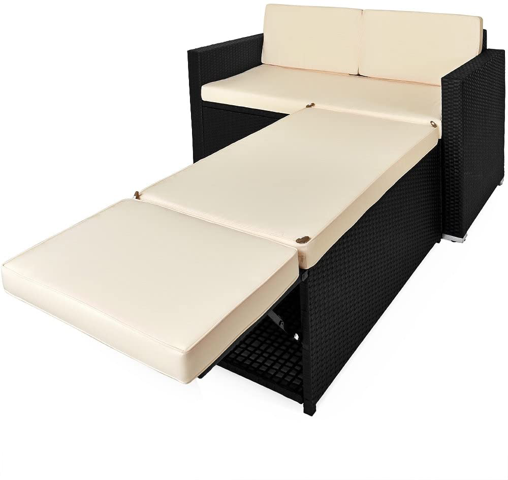 Polyrattan two-seater sofa incl. Ottoman with storage space sun lounger rattan lounge